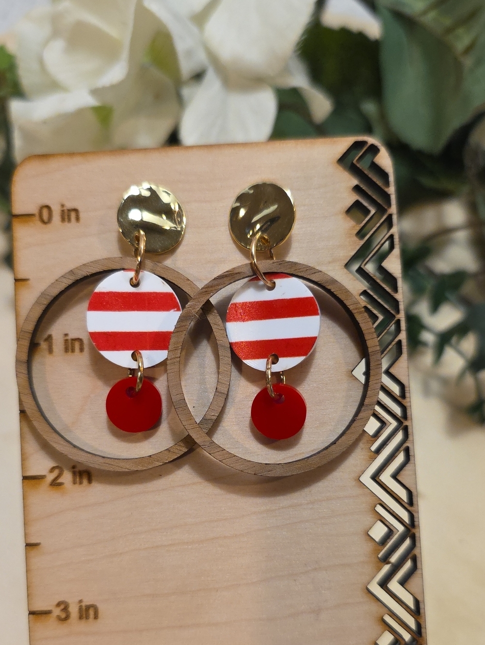 Striped Red & Wood Hoop Dangle Earrings - Unbranded